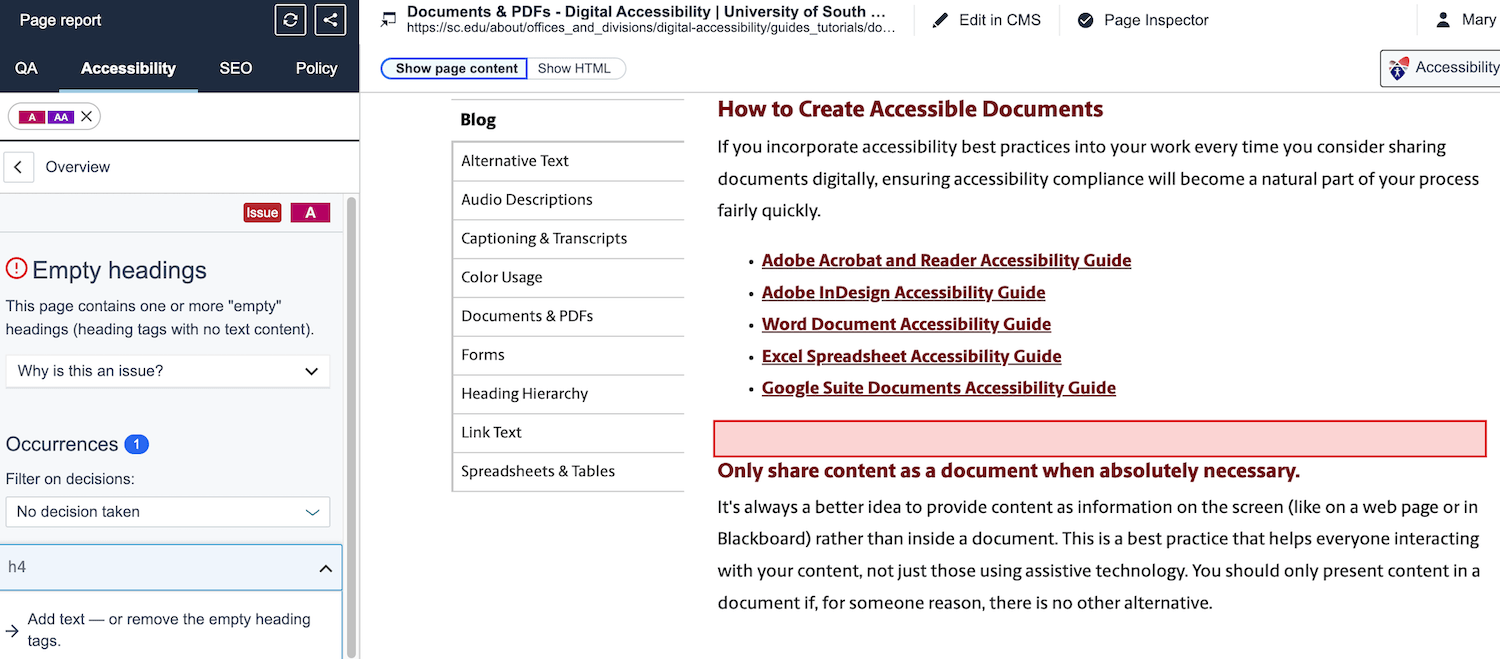 A screenshot of the Siteimprove page report for the Documents & PDFs page. The accessibility pane on the left explains that empty headings are an issue occurring on the page. The page content view displays a red box to highlight where the empty headings issue occurs.