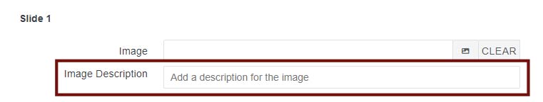 Slide 1 banner options screen. Shows the Image Description field emphasized with a garnet rectangle and the placeholder text Add a description for the image. Above, an empty box for the Image filename path next to buttons for uploading a photo and clearing the selection. 