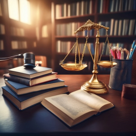 gavel, scales of justice and stack of books
