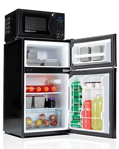 picture of a microfridge with grocery items in the fridge