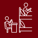 Garnet background with white icon of student at a desk and a student in a bunk bed