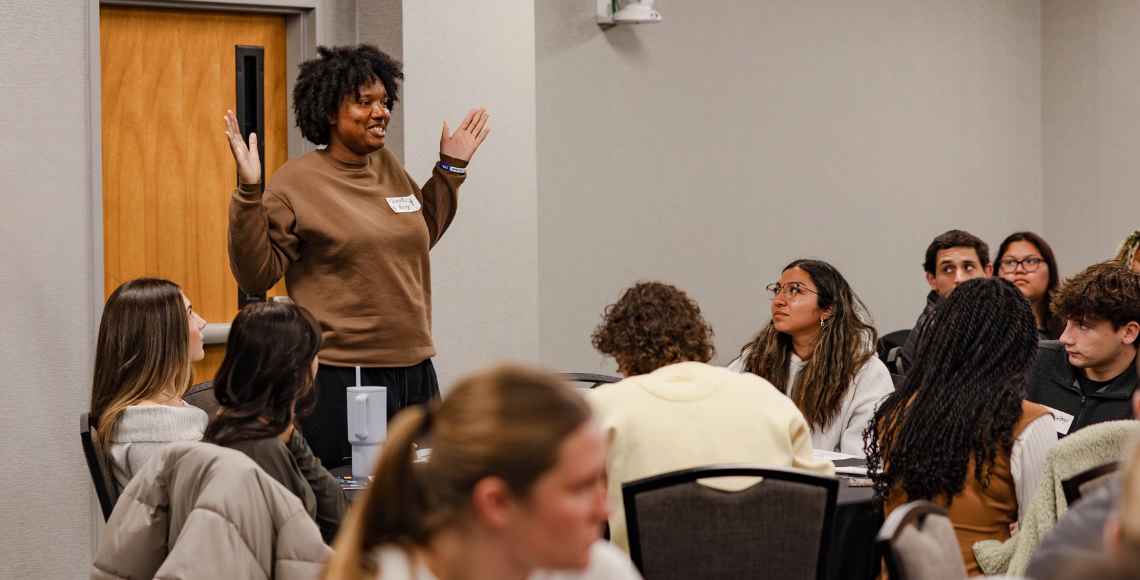 Students participate in a leadership exercise. 