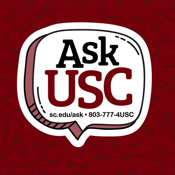 Garnet background with white text: Ask USC