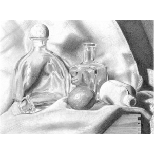 A graphite still life drawing by Christina McCurry. The still life depicts various glass bottles and a piece of fruit.