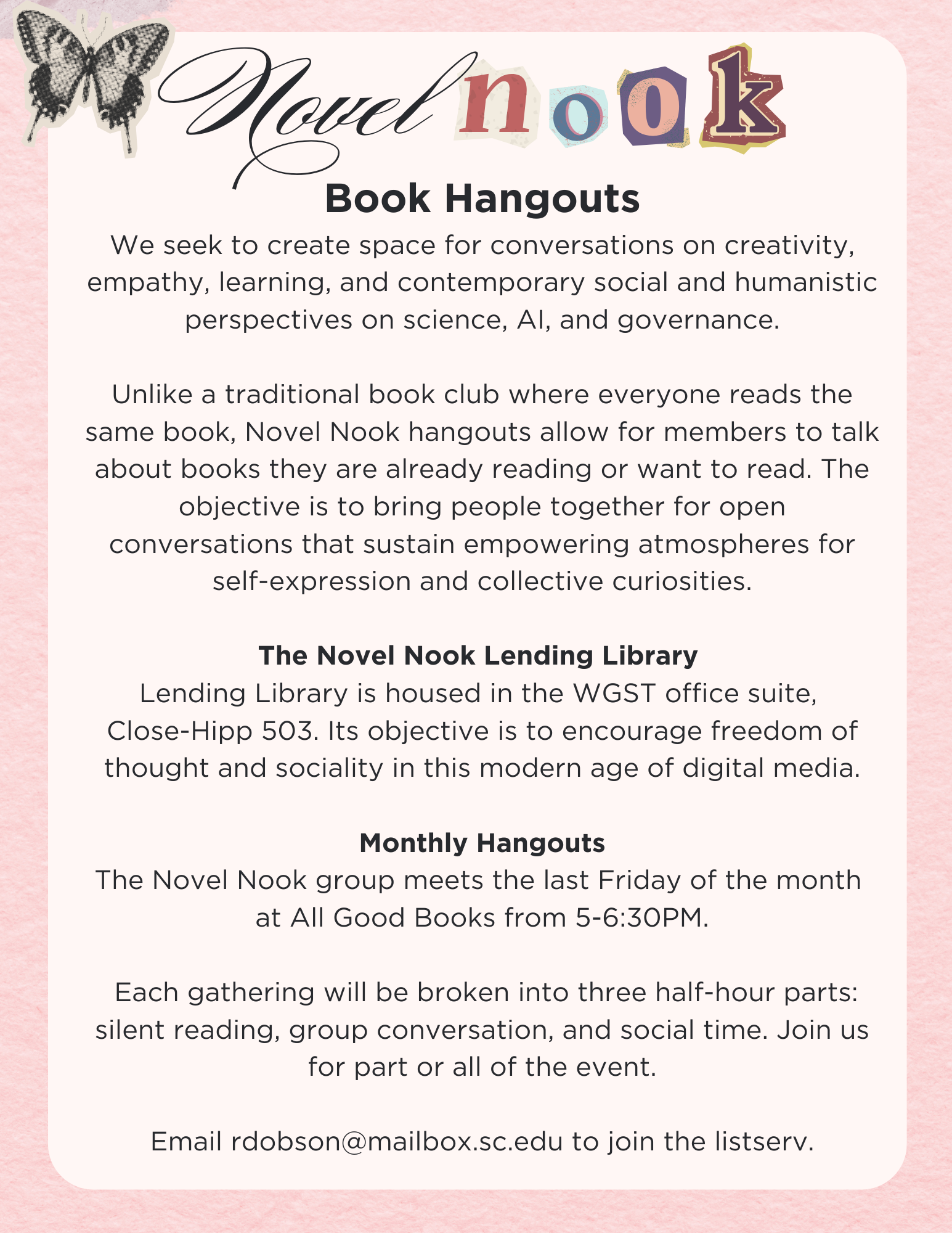 Novel Nook Flyer with Description of the Lending Library, Monthly Meeting, and Goals