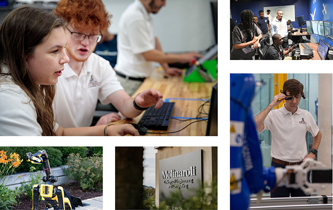 image collage: Top left - Two students in lab with computer; Top right - students in aerospace lab using flight simulator or looking on; bottom left - robotic dog with flowers in back; bottom center - concrete sign with Molinaroli College of Engineering and Computing on it; bottom right, student in lab with optics that control robotic arm.