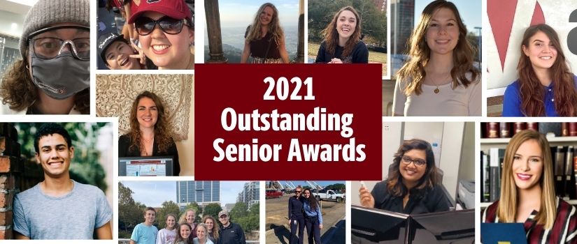 Collage of 12 photos including selfies and group photos of students and text that says 2021 Outstanding Seniors