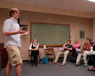 Nick Riley teaching University 101 as a peer leader.