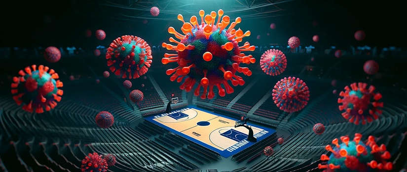 Illustration of basketball court with flu virus scattered over it