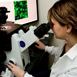 Woman looking into a microscope