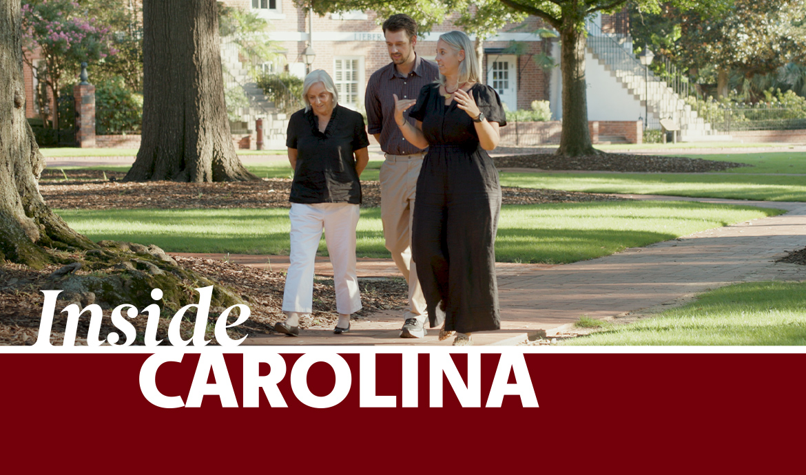 graphic that has a frame with the words Inside Carolina over an image of a family walking on the Horseshoe