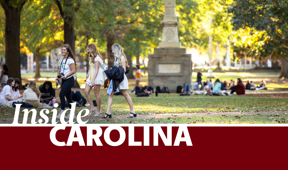 graphic that has a frame with the words Inside Carolina over an image of students on the horseshoe greenspace with an obelisk in the background