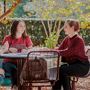 Two students study by the Thomas Cooper library.