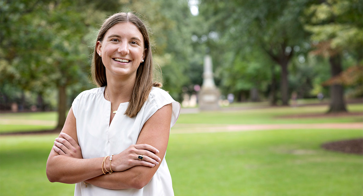 Harper Rice stands on the Horseshoe
